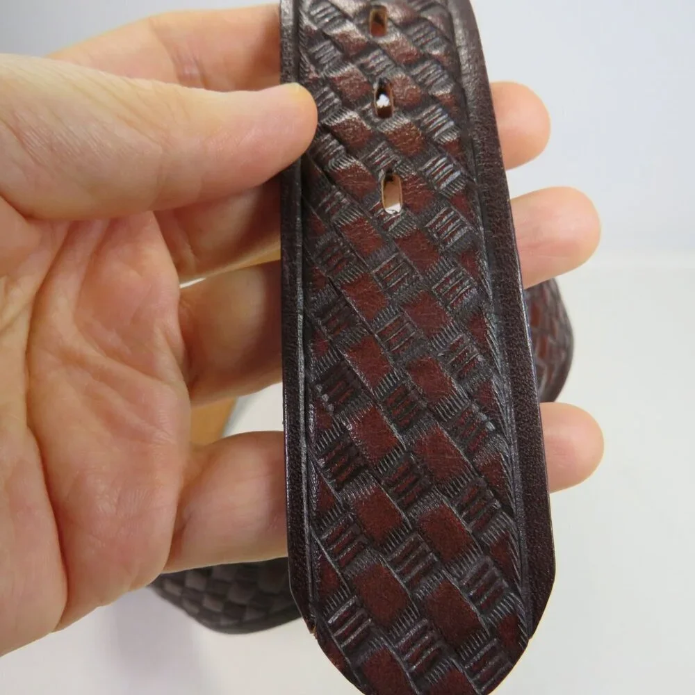 Brown Leather Belt tooled basket weave detail embossed size 36 and 1 1/2